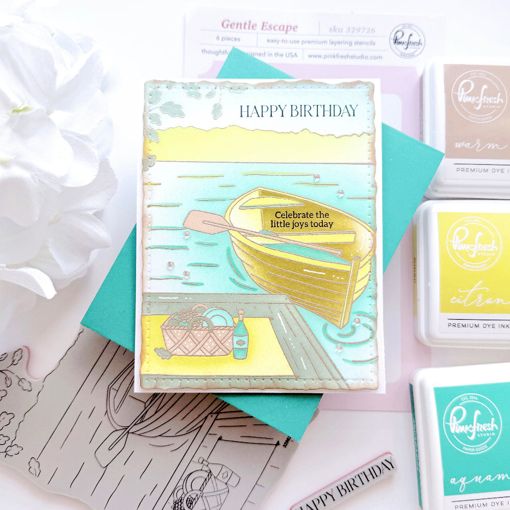 Pinkfresh Studio Gentle Escape Cling Stamps And Stencils Bundle Cheryl Celebrate the little joy happy birthday Rowboat Card