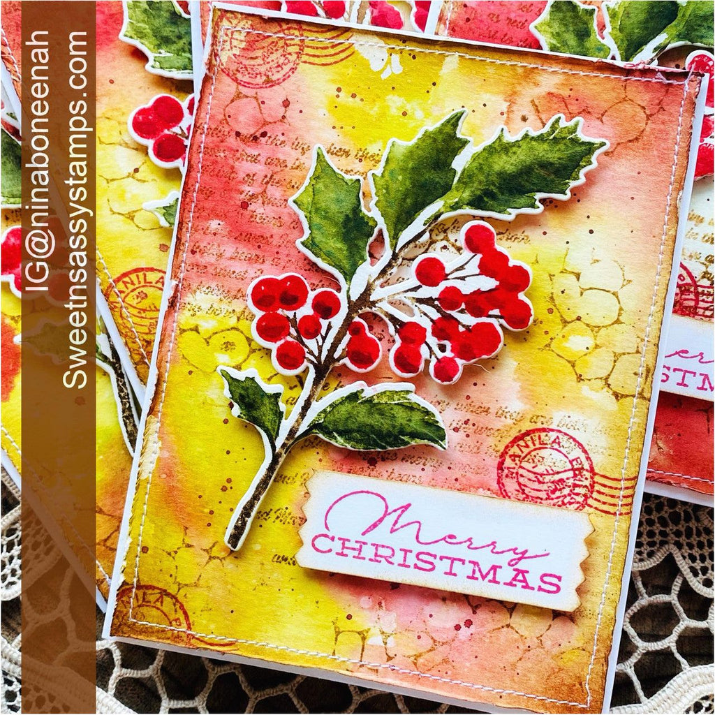 Sweet 'N Sassy Vintage Holly Clear Stamps sns-23-033 Colorful Holly Christmas Card