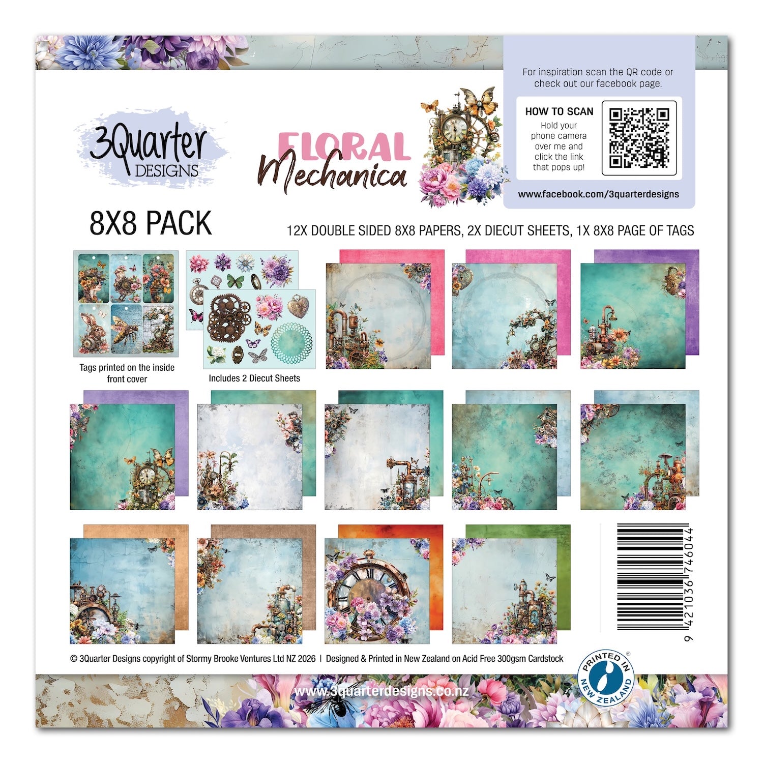 3Quarter Designs Floral Mechanica 8x8 Paper Pack and Diecuts Set 3q-pp8-floralmechanica