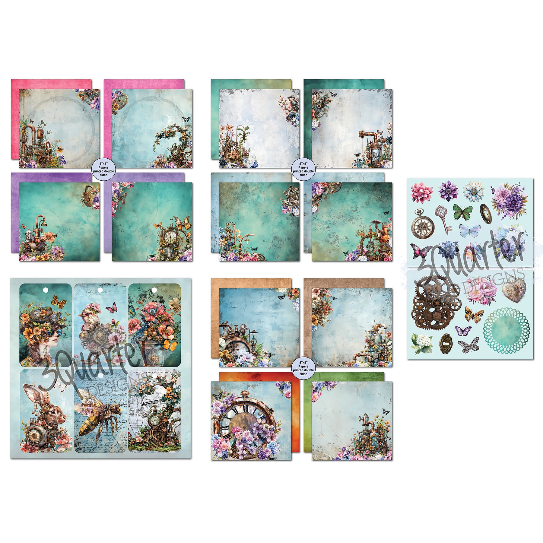 3Quarter Designs Floral Mechanica 8x8 Paper Pack and Diecuts Set 3q-pp8-floralmechanica cardstock