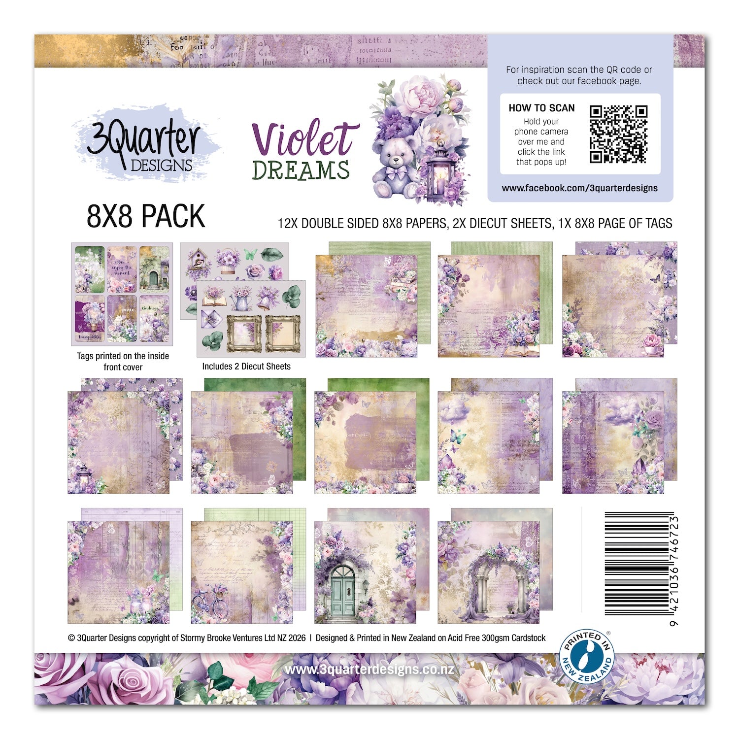 3Quarter Designs Violet Dreams 8x8 Paper Pack and Diecuts 3q-pp8-violetdreams