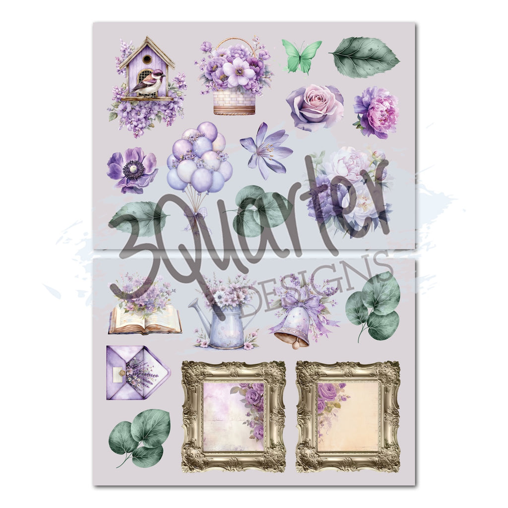 3Quarter Designs Violet Dreams 8x8 Paper Pack and Diecuts 3q-pp8-violetdreams purple flwoers balloons