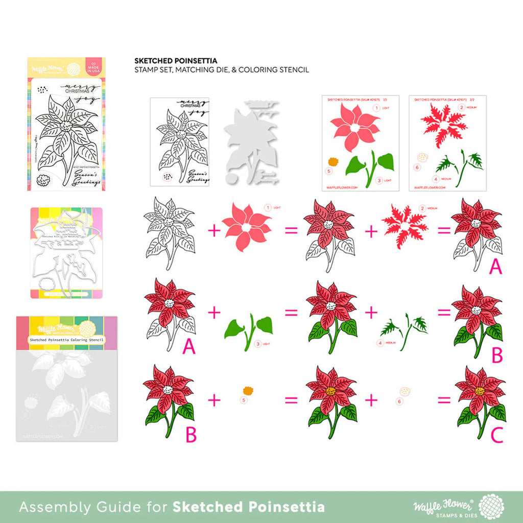 Waffle Flower Waffle Flower Sketched Poinsettia Clear Stamps, Matching Dies, and Coloring Stencil Set layering guide