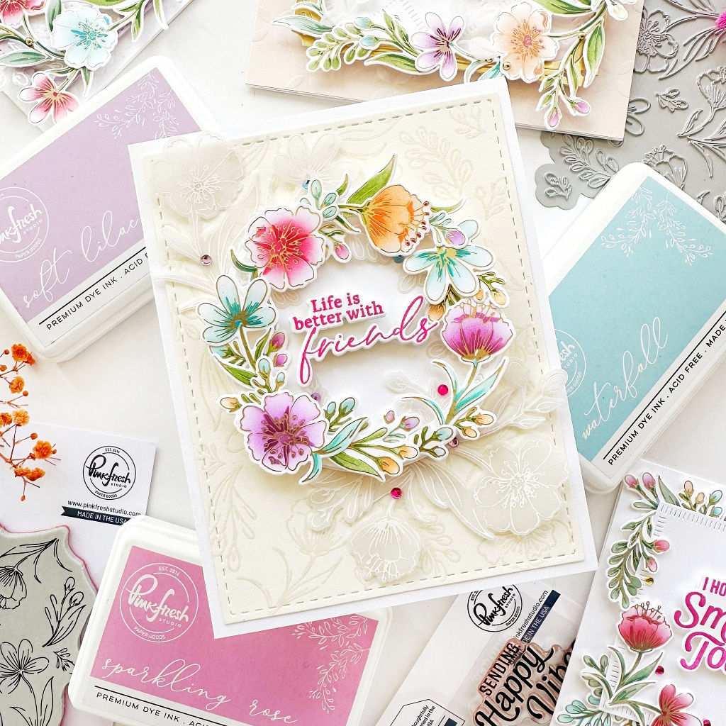 Pinkfresh Studio Garden Tapestry Dies 238424 Floral Friendship Card | color-code:ALT01