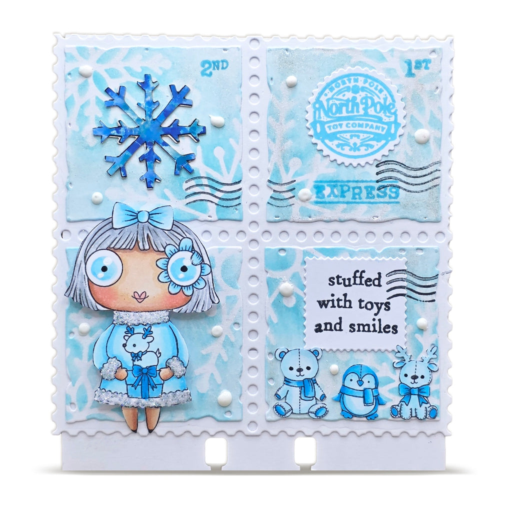 AALL & Create North Pole Toy Company A7 Clear Stamp Set 1392 blue snowflake north pole stamp stuffed animals card