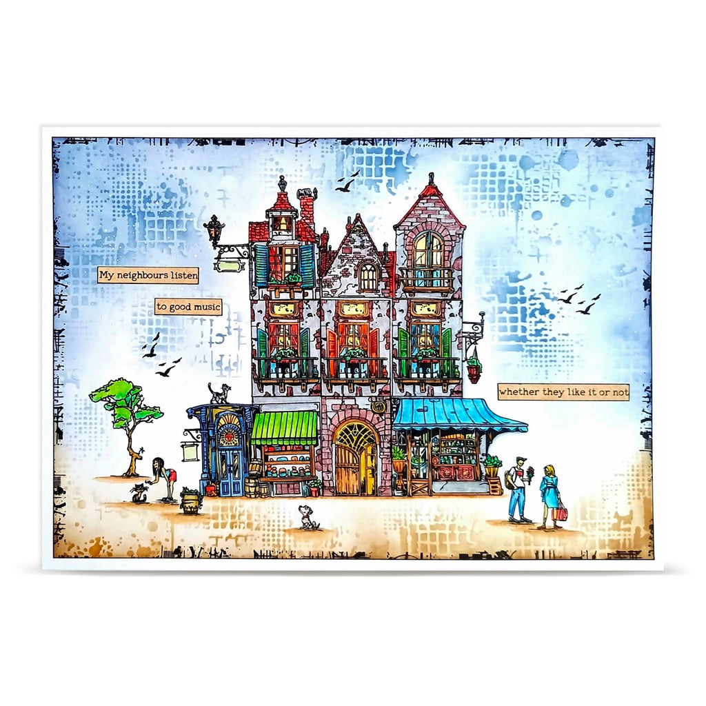 AALL & Create Sidewalk Stories A5 Clear Stamp Set 1473 birds big house cat on roof dog windows doors