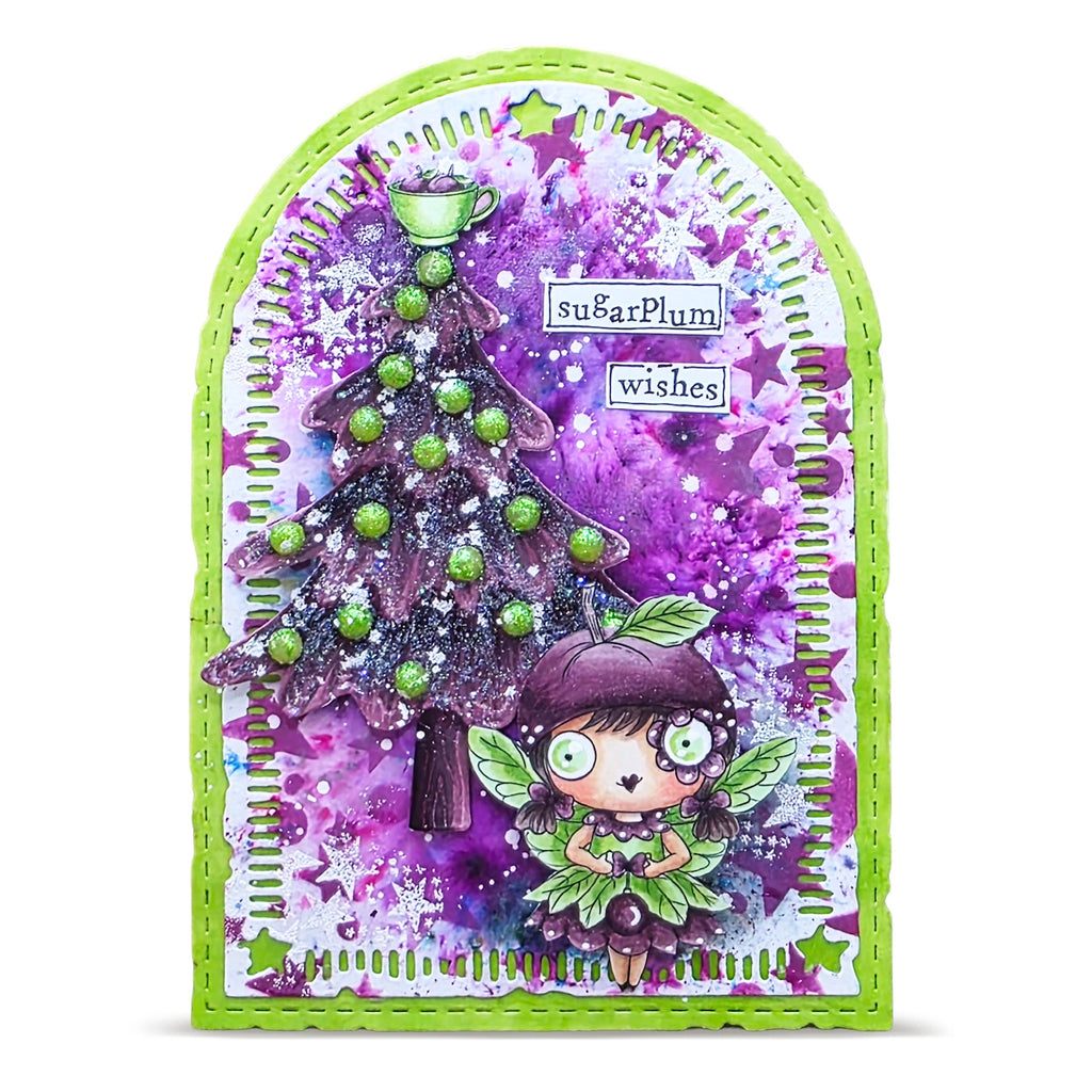 AALL & Create Sugarplum A7 Clear Stamp Set 1394 green trim purple background tea cup card