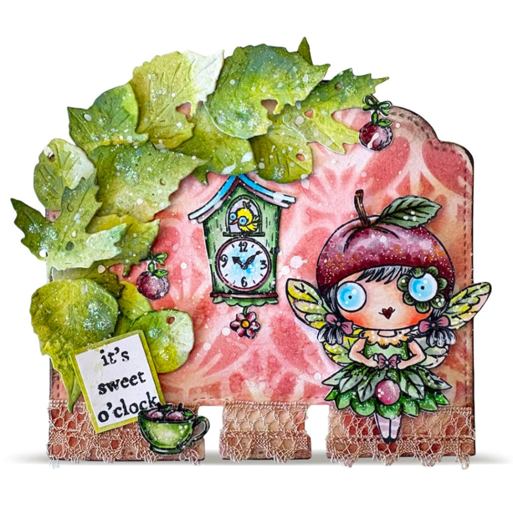 AALL & Create Sugarplum A7 Clear Stamp Set 1394 leaves birdhouse fairy lace bottom card