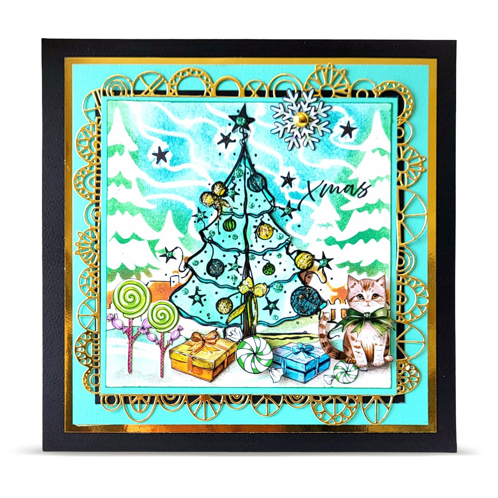 AALL & Create Tinsel and Tidings Ephemera Die Cuts ep-095 blue christmas tree cat with bow christmas card
