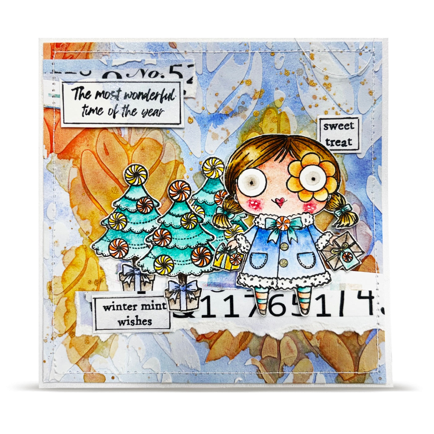 AALL & Create Winter Mint A7 Clear Stamp Set 1395 trees with candy leaves background sweet treat card