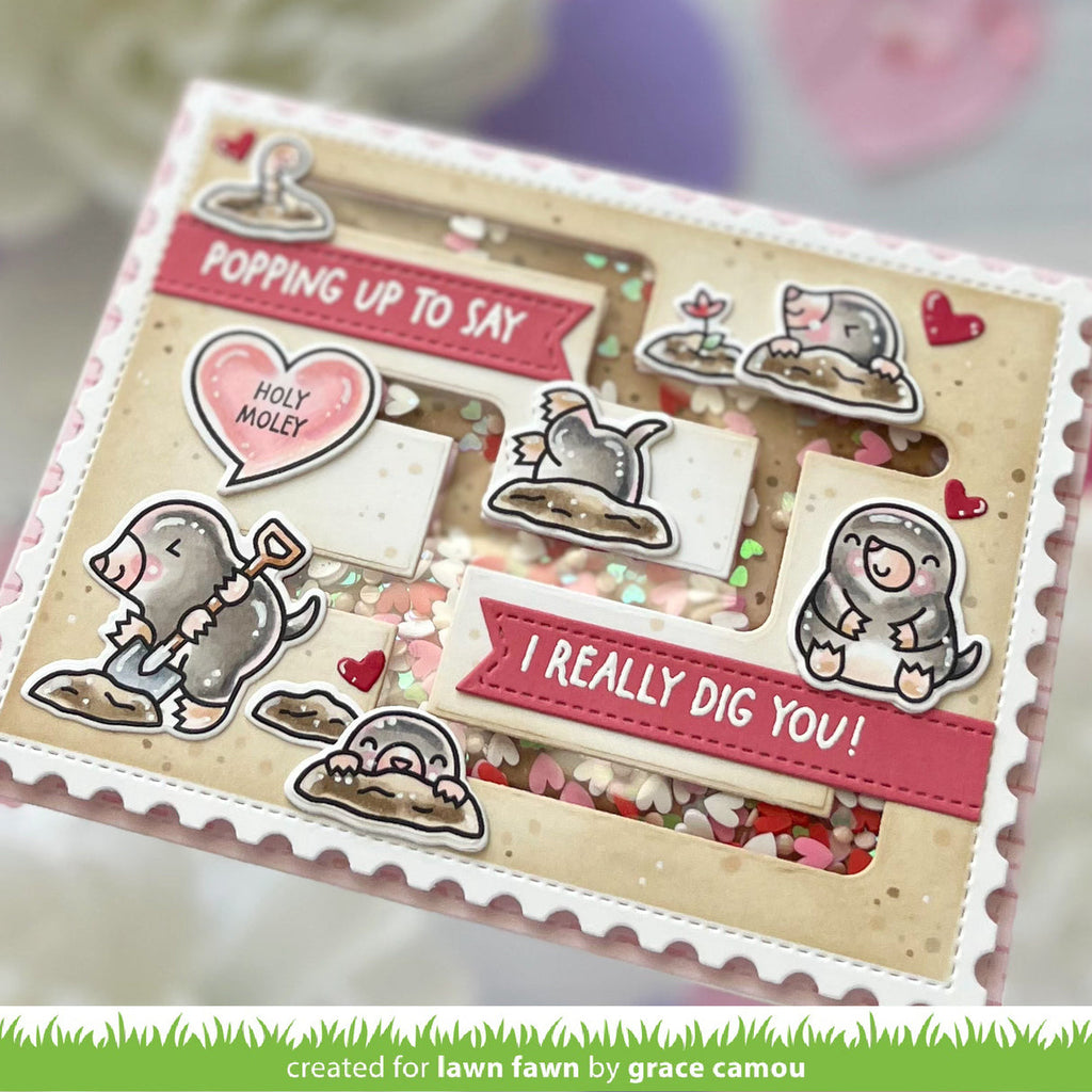 Card with cute animal illustrations and text, created for lawn fawn by grace camou