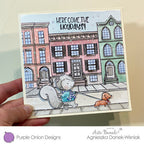 Purple Onion Designs Row House Background Cling Stamp pod1367 Christmas Sidewalk Scene Card