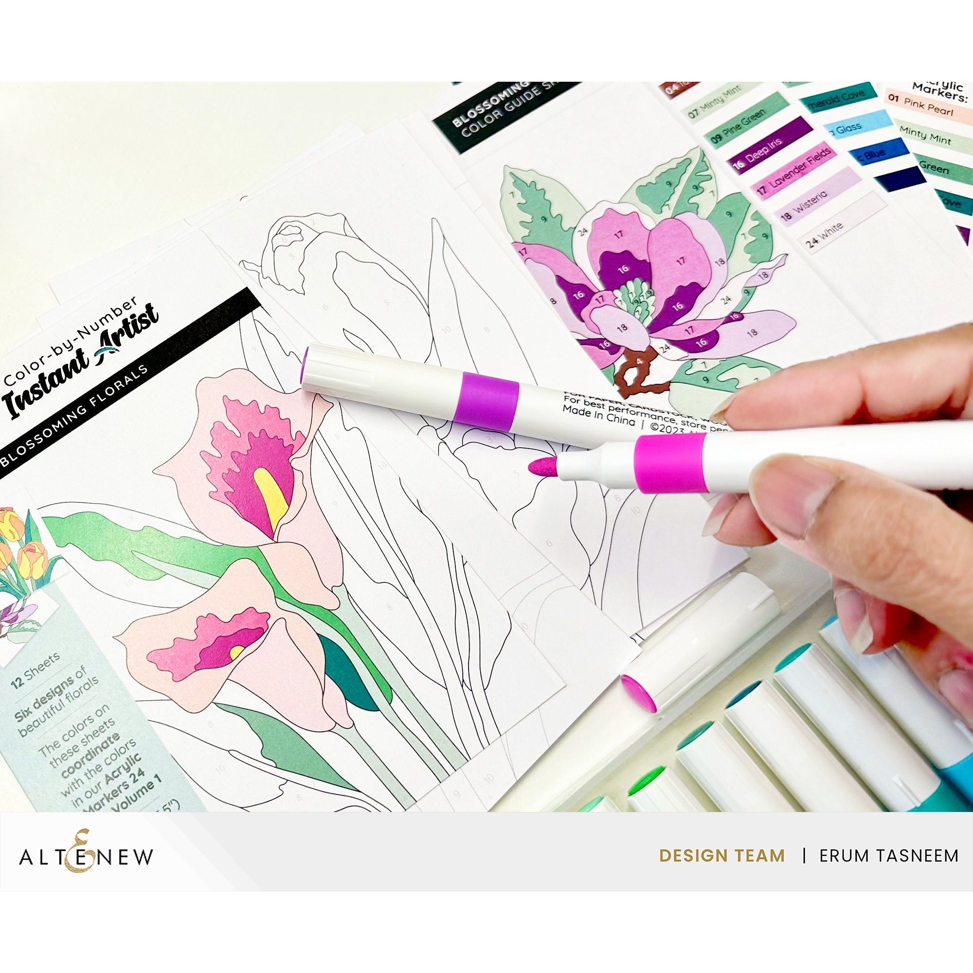 Altenew Color-by-Number Instant Artist Blossoming Florals 12 Sheet Pack alt8940 coloring