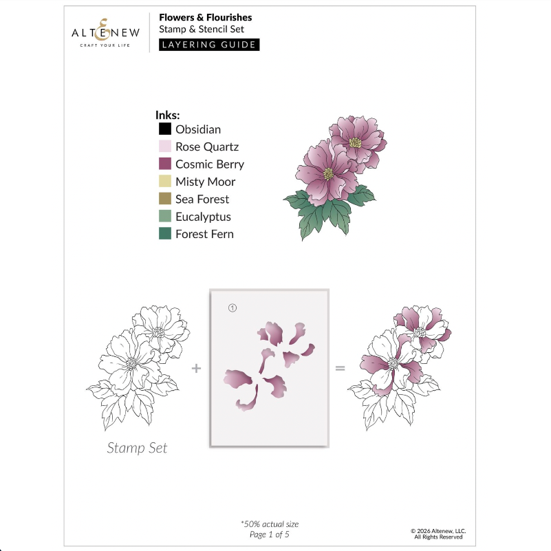 Altenew Flowers and Flourishes Clear Stamp Die and Stencil Set layering guide 1