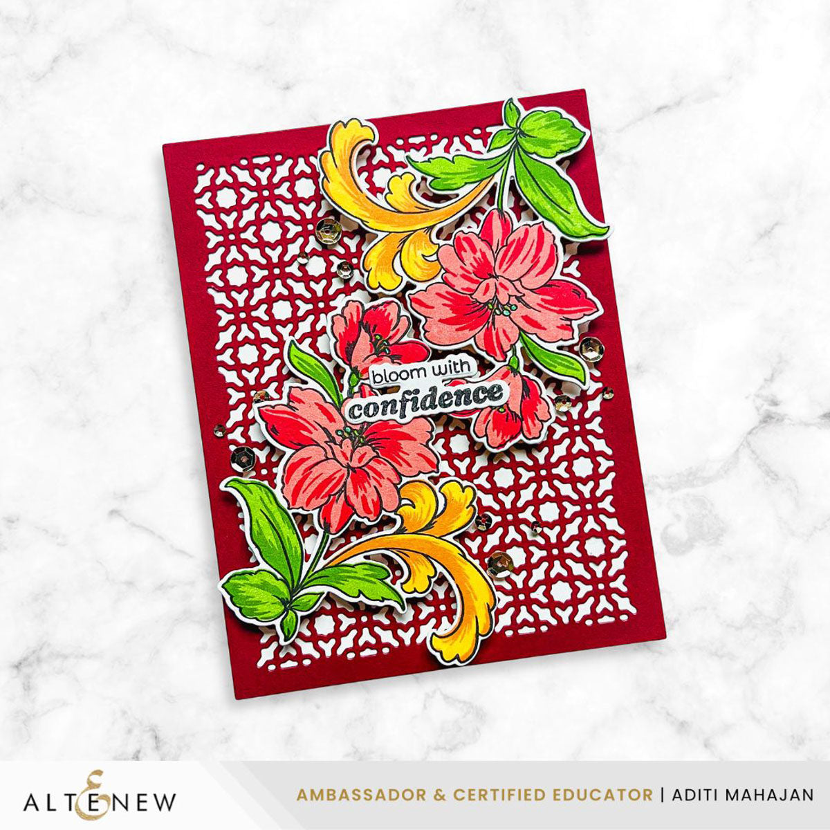 Altenew Flowers and Flourishes Clear Stamp Die and Stencil Set red lattice