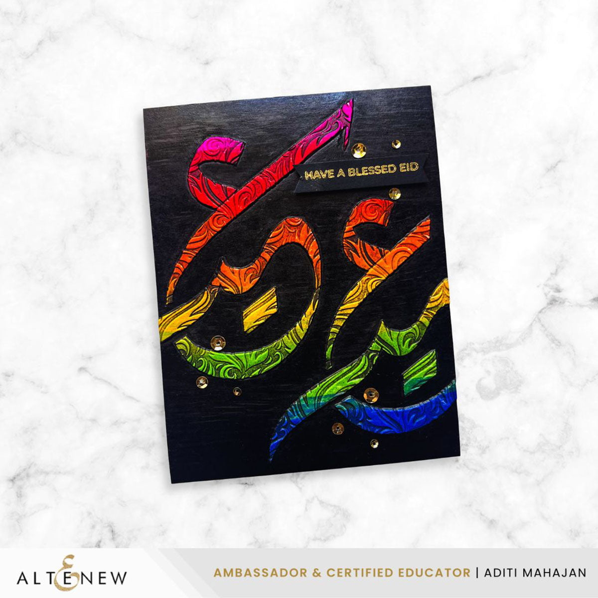 Altenew Happy Eid Arabic Calligraphy Embossing Folder and Stencil Set rainbow