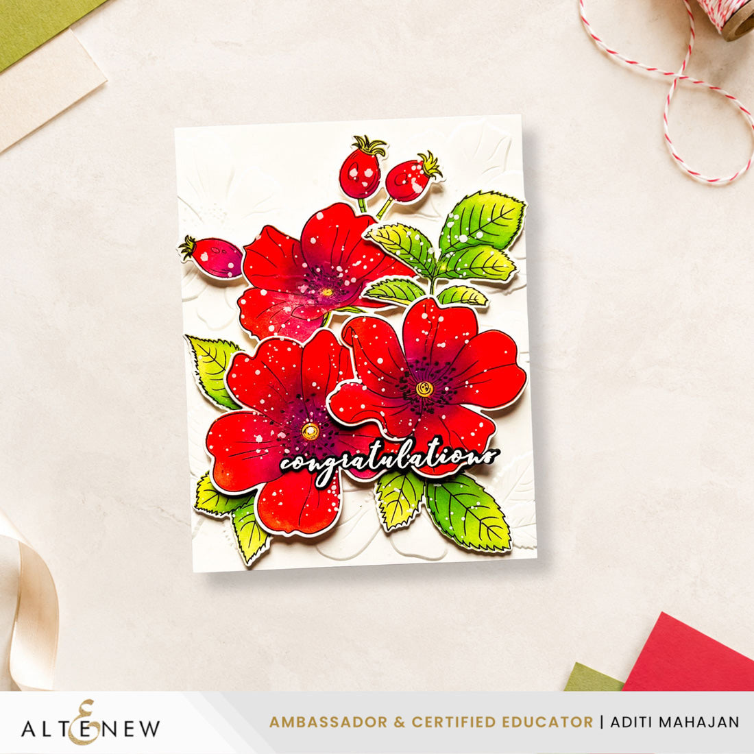 Altenew One-Go Briar Blossoms 3D Embossing Folder alt10604 red flowers card