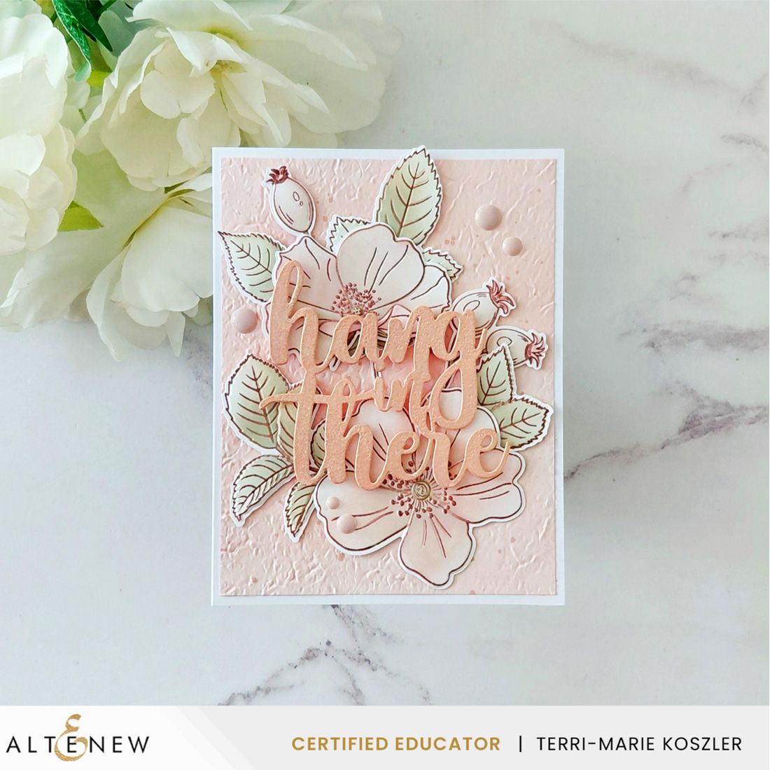 Altenew One-Go Briar Blossoms Clear Stamp, Die, Embossing Folder and Stencil Set hang in there card