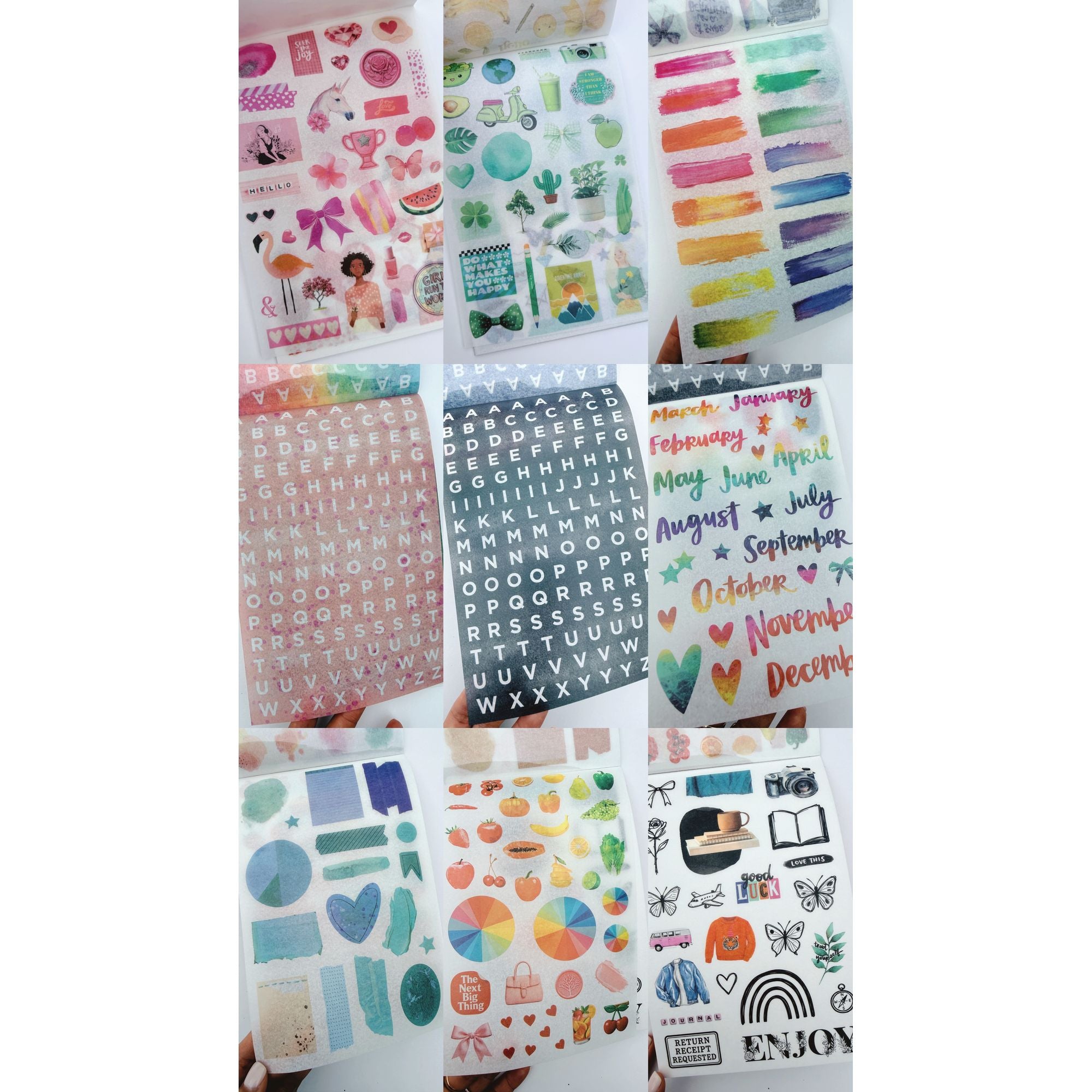 Collection of colorful planner stickers with various designs on a white background.