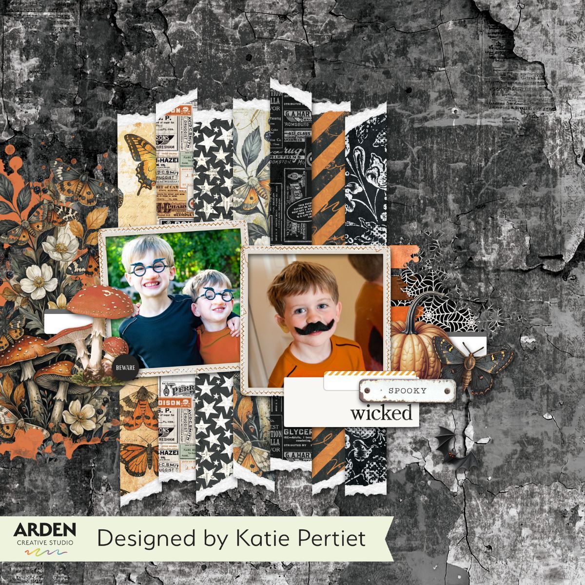 Arden Creative Studio Wicked Woods 12x12 Paper Pad acspp0029 kids with glasses spooky pumpkins card katie pertiet