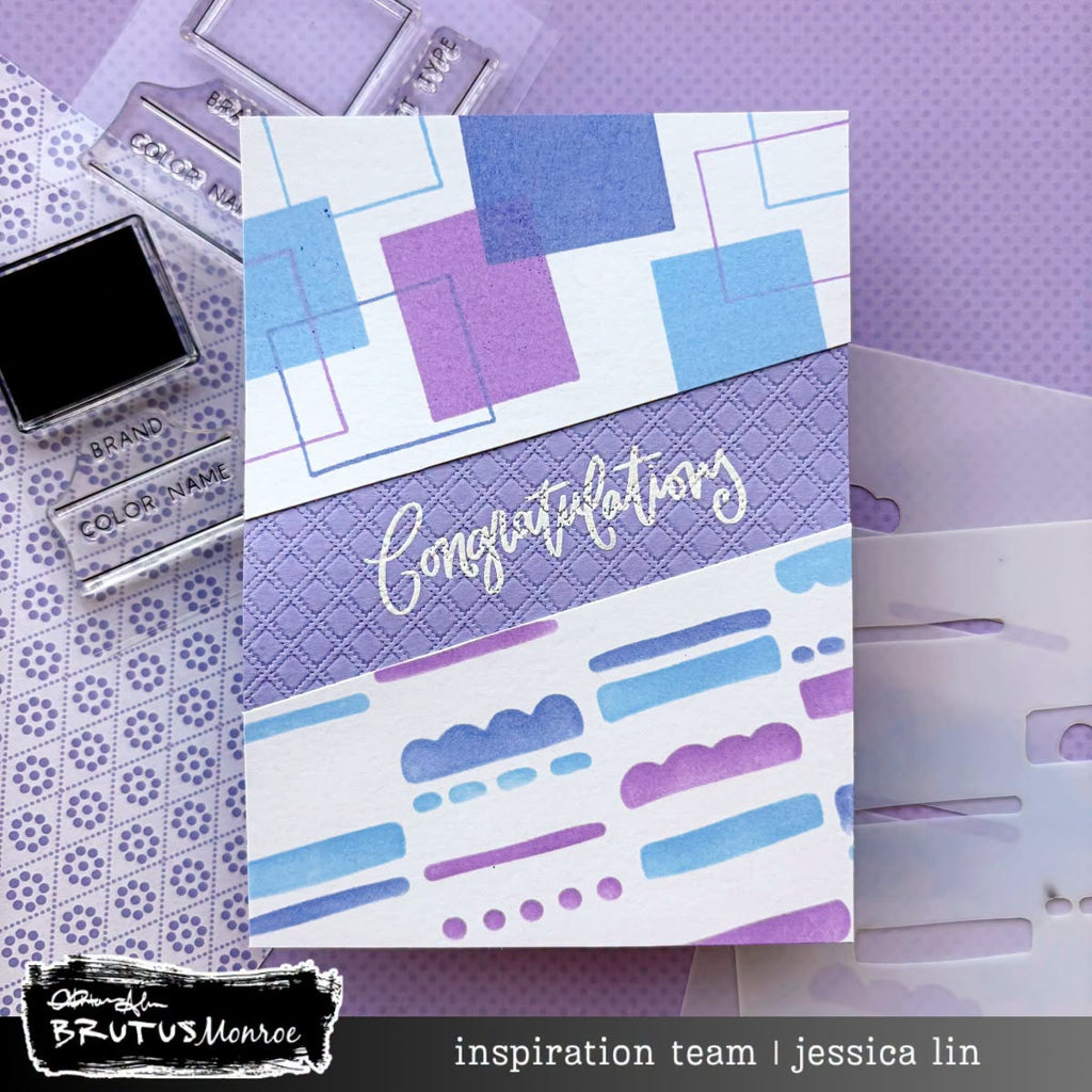 Brutus Monroe Dots and Dashes 6x6 Layering Stencils bru0207 purple blue squares congratulations card