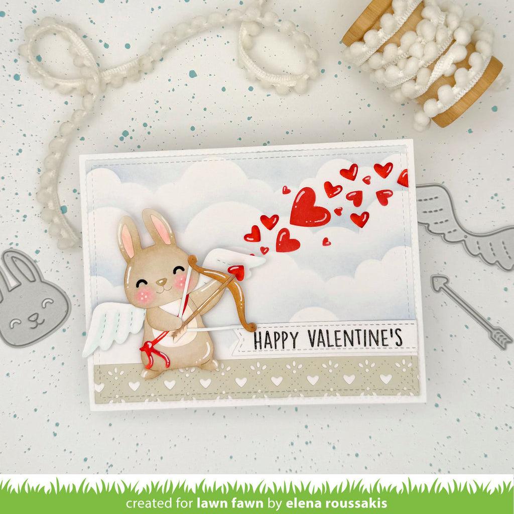 Valentine's Day card with a bunny holding a bow and arrow, surrounded by hearts on a light background.