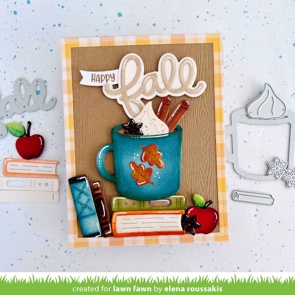 Autumn-themed card with a mug, leaves, and 'Happy Fall' text on a checkered border.