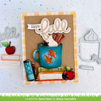 Autumn-themed card with a mug, leaves, and 'Happy Fall' text on a checkered border.