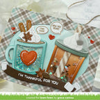 Greeting card with coffee-themed design on a plaid background