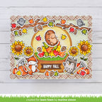 Autumn-themed card with hedgehog, fox, owl, and fall elements on a plaid background.