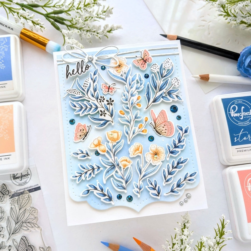 PinkFresh Studio Butterfly Garden Stencil Set 154122 Flowers and Butterflies Card | color-code:ALT01