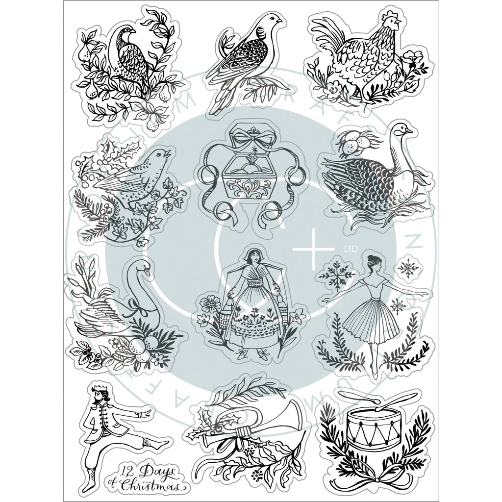 Craft Consortium 12 Days of Christmas 6x8 inch Clear Stamp Set CCSTMP091 outline