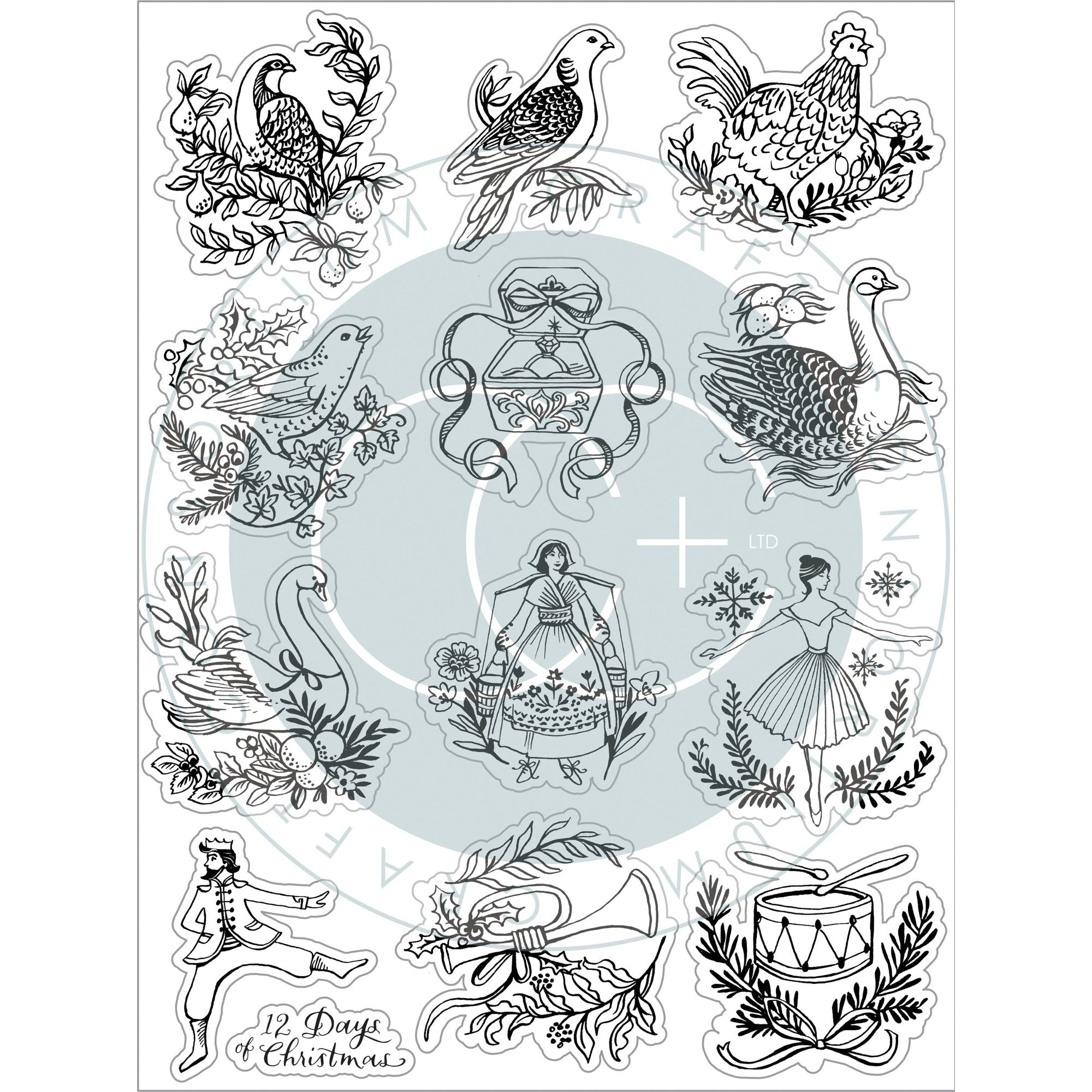Craft Consortium 12 Days of Christmas 6x8 inch Clear Stamp Set CCSTMP091 outline
