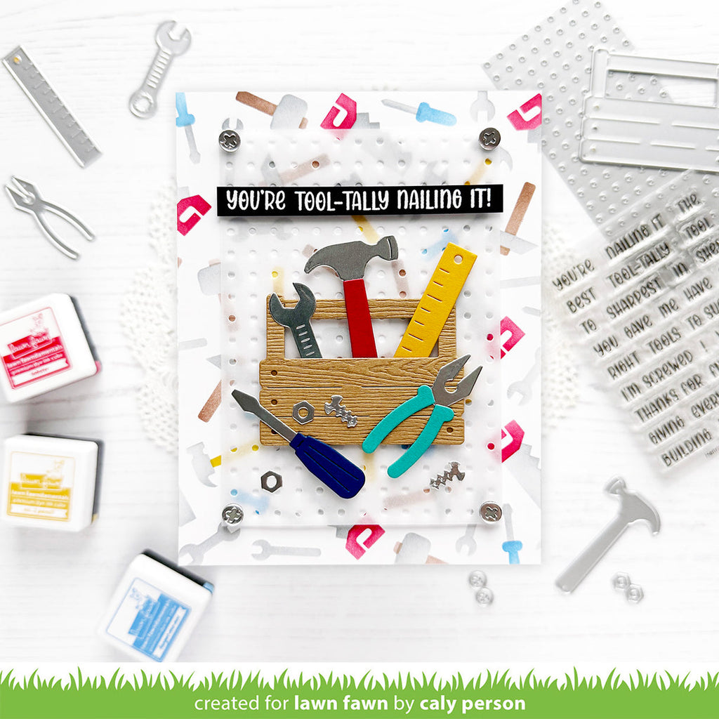 Card featuring toolbox and tools with the sentiment 'You're Tool-tally Nailing It!'