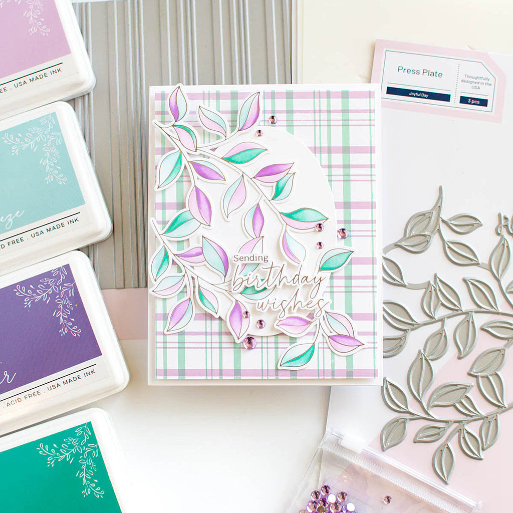 Pinkfresh Studio Joyful Day Dies 244424 purple and turquoise leaves sending birthday wishes | color-code:ALT01