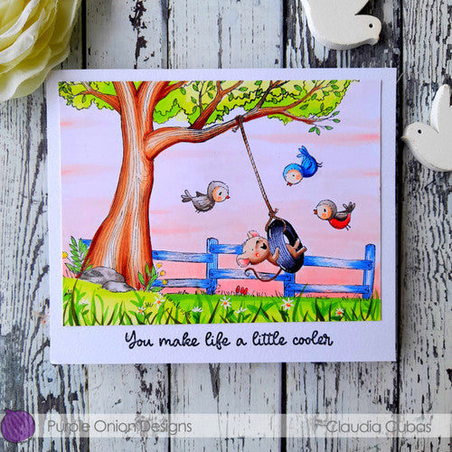 Purple Onion Designs Rustic Fence Unmounted Cling Stamp pod1384 birds and mouse card