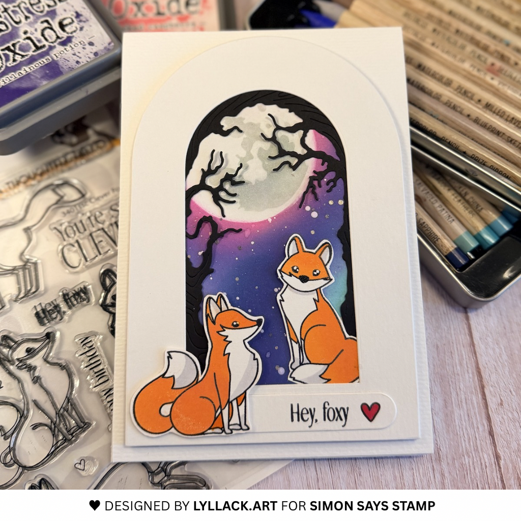 Simon Says Stamps Stencils and Dies Clever Fox set1260cf Shine On Thais Carvalho Moonglow Card