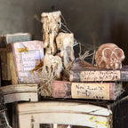A styled collection of gothic and vintage decorative items, including animal skulls, a small carved skull, dried botanical specimens, old books with handwritten labels, and cobwebs, arranged on a dark surface.