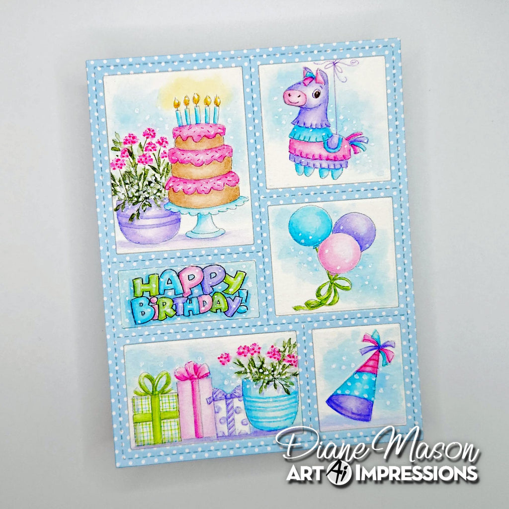 Colorful birthday-themed card with cake, unicorn, balloons, and presents on a light gray background.