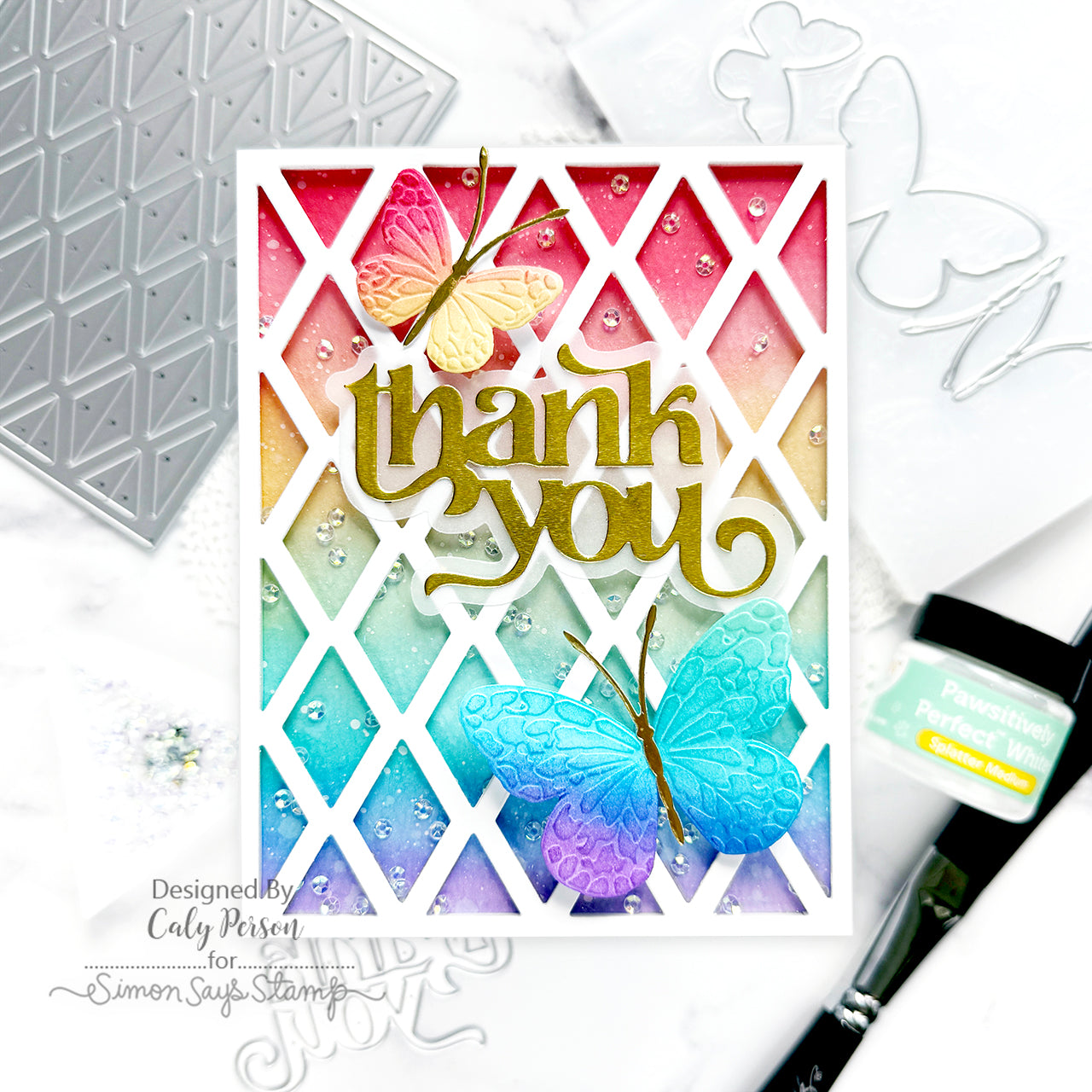 Simon Says Stamp Embossing Folder Confetti Butterflies sf511 Happy Camper Thank You Card | color-code:ALT08