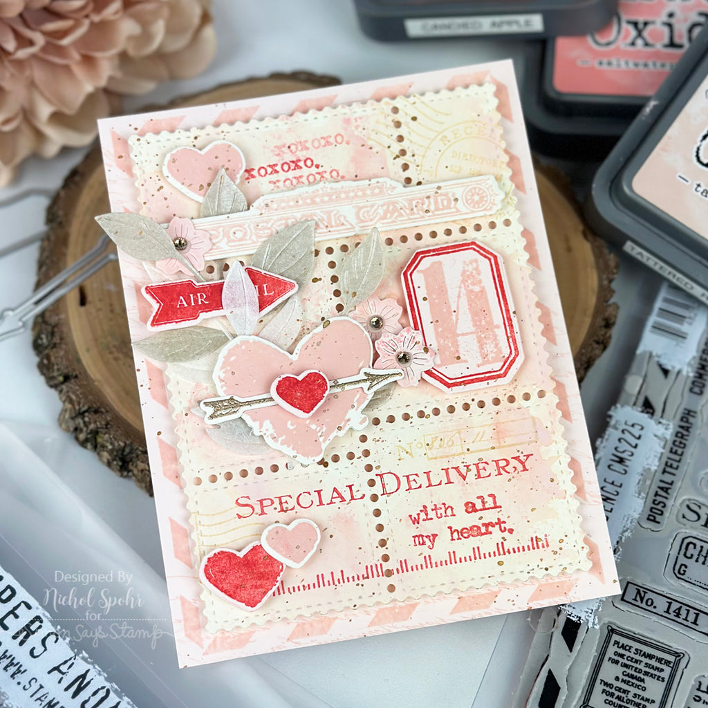 Tim Holtz Correspondence Stamps with Simon Says Stamp Dies Bundle setcs26 Valentine's Day Card