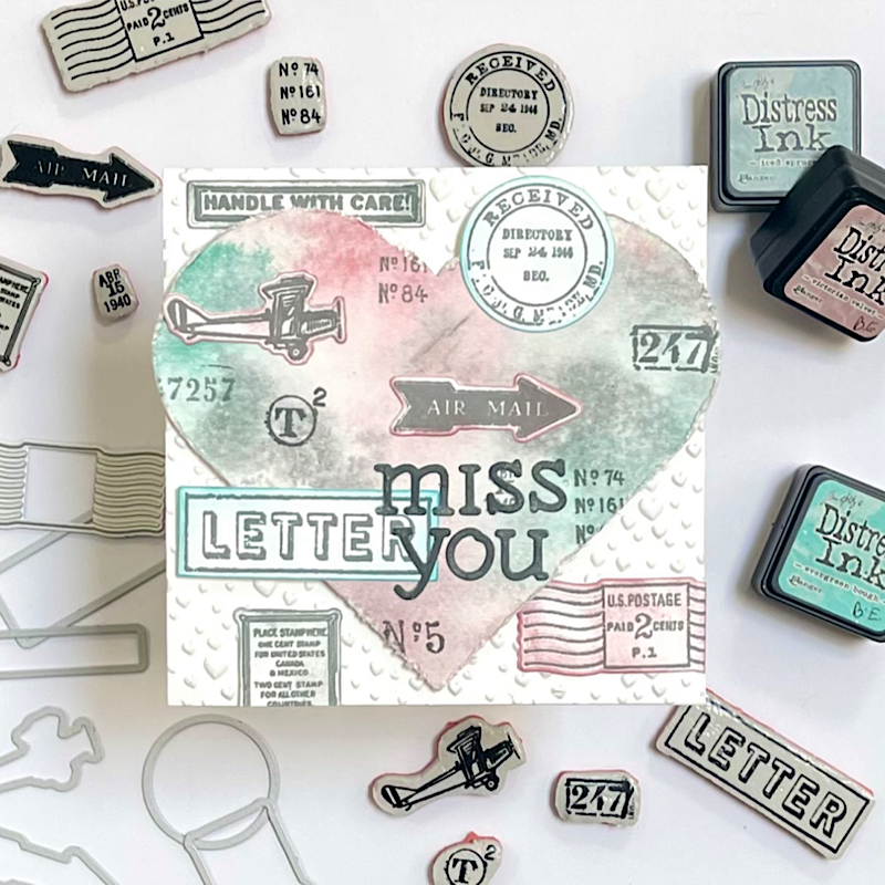 Tim Holtz Correspondence Stamps with Simon Says Stamp Dies Bundle setcs26 Miss You Card