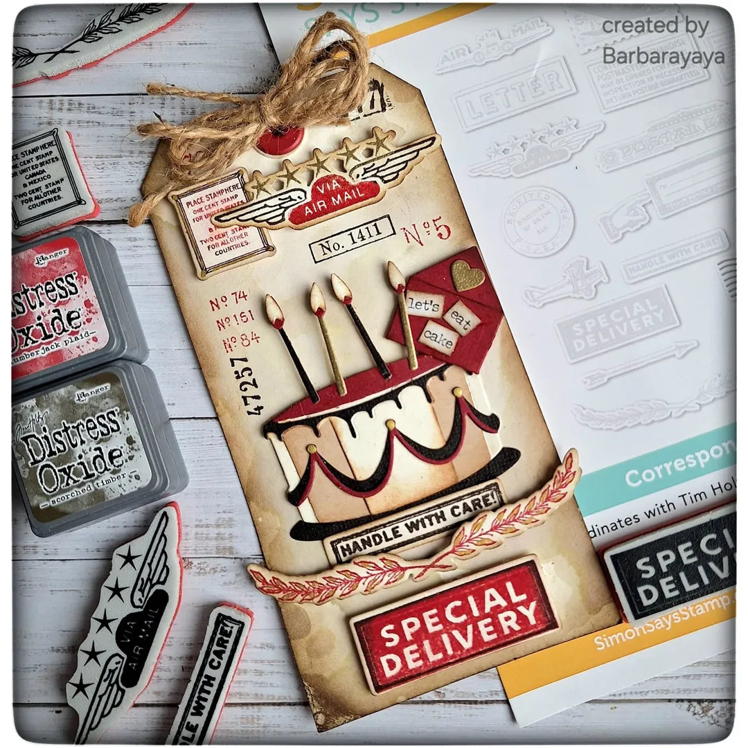 Tim Holtz Correspondence Stamps with Simon Says Stamp Dies Bundle setcs26 Birthday Tag