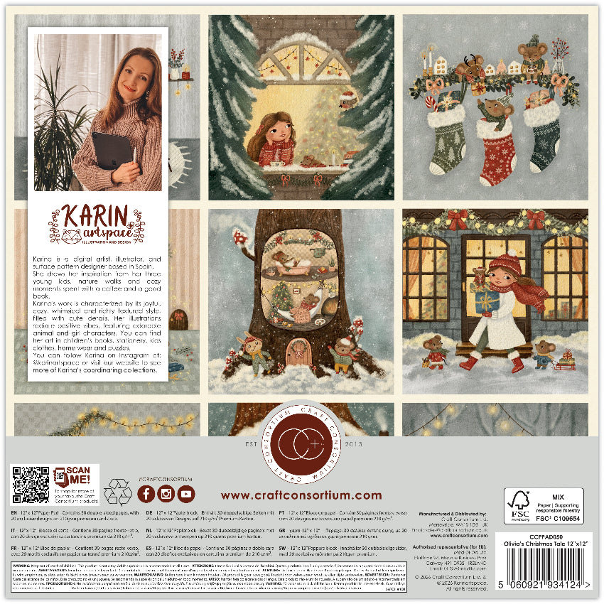Craft Consortium Olivia's Christmas Tale 12 x 12 Paper Pad ccppad050 back of paper pack