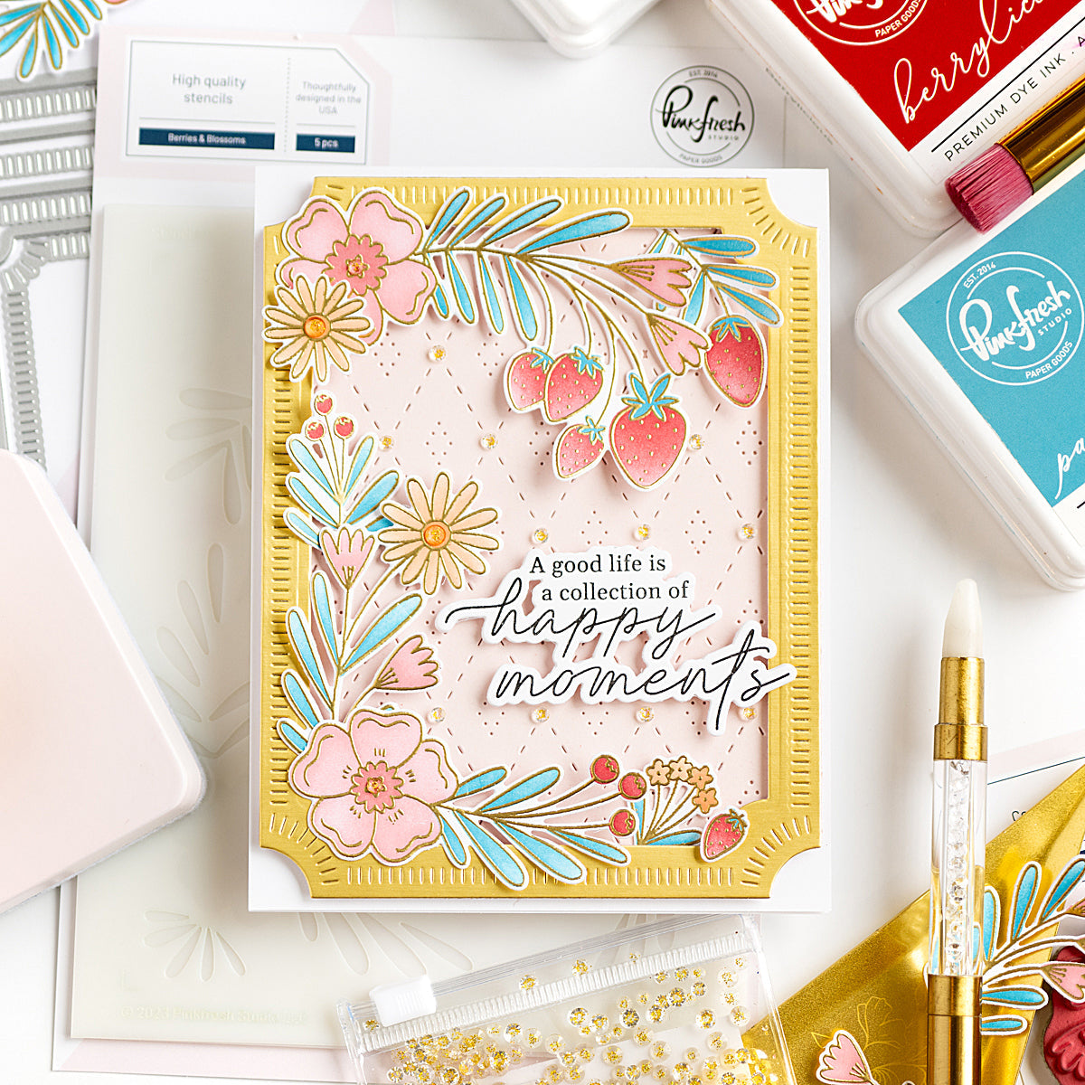 Pinkfresh Studio Berries And Blossoms Stencils 220124 Happy Moments Card