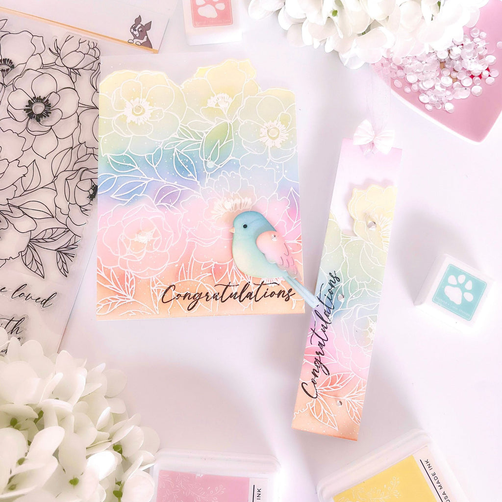 Simon Says Clear Stamps Delicate Blossoms 2230ssc Happy Camper Congratulations Card and Bookmark