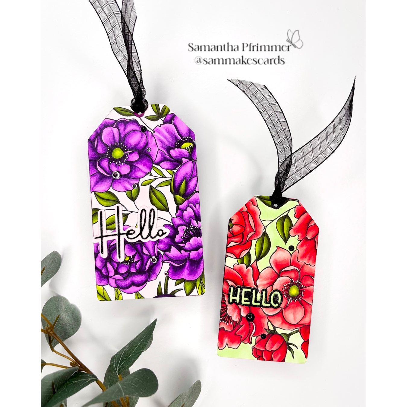 Simon Says Stamps and Dies Delicate Blossoms set1029db Happy Camper Hello Tags