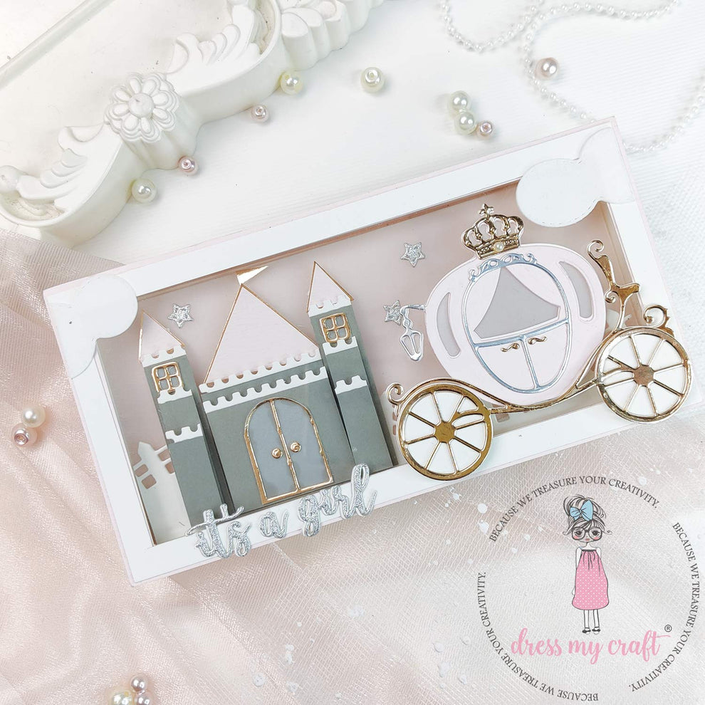 Dress My Craft Cinderella Carriage Dies dmcd6897 It's A Girl Slimline Card