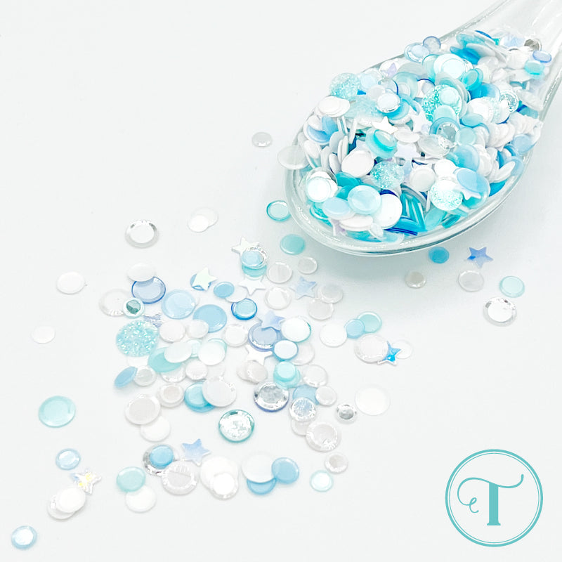 Trinity Stamps Snow Day Confetti Embellishment Mix emb-0009 spoon shot of blue and white circles and stars