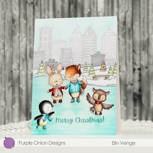 Purple Onion Designs Willow Cling Stamp pod1365 Christmas Ice Skating City Scene Card